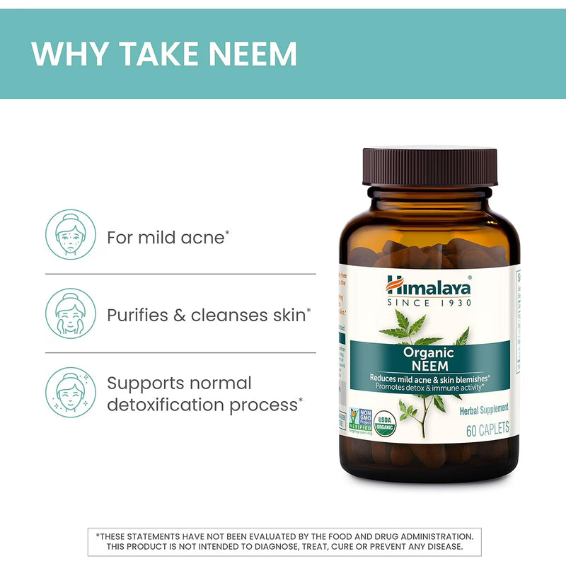 Himalaya Organic Neem Herbal Skin Supplement, Mild Acne Supplement, Clear Skin, Purifying, 60 Plant-Based Caplets-5
