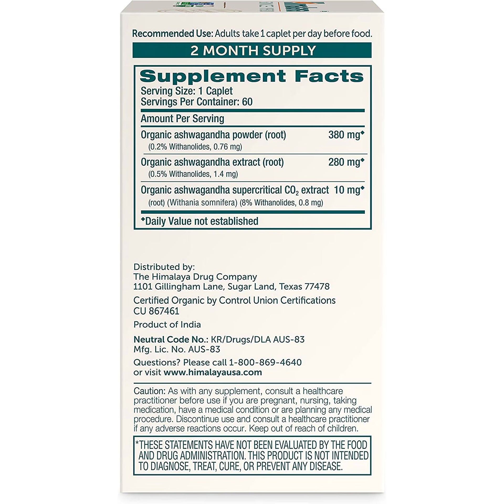 Himalaya Organic Ashwagandha Root for Stress, Energy and Adrenal Support, 670 mg, 60 Caplets