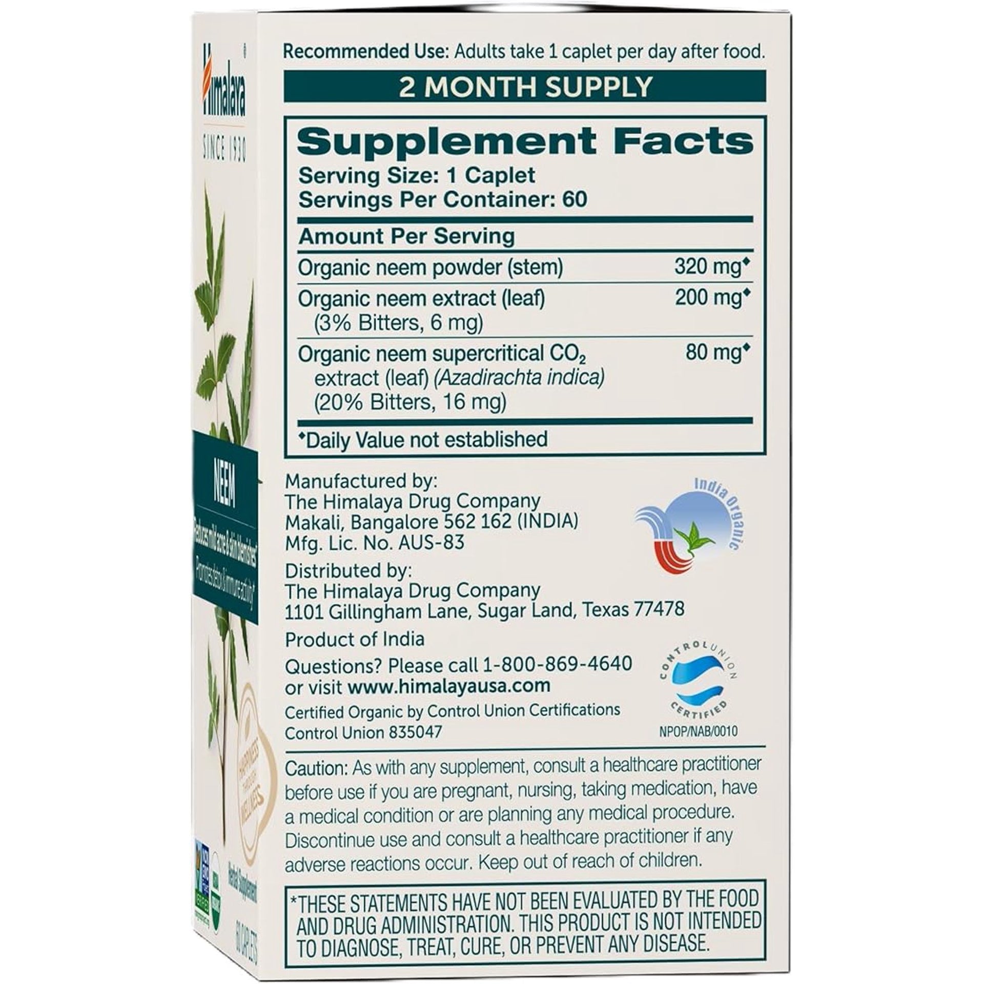 Himalaya Organic Neem Herbal Skin Supplement, Mild Acne Supplement, Clear Skin, Purifying, 60 Plant-Based Caplets