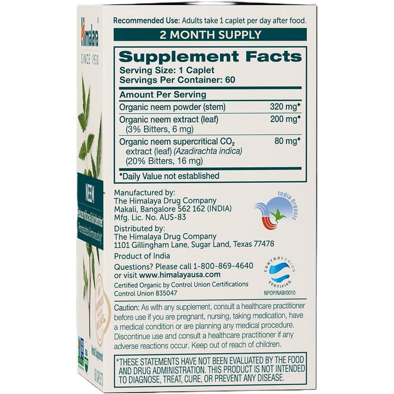 Himalaya Organic Neem Herbal Skin Supplement, Mild Acne Supplement, Clear Skin, Purifying, 60 Plant-Based Caplets-2