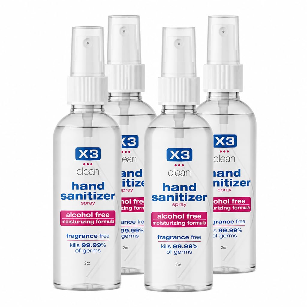 X3 Clean Alcohol-Free Hand Sanitizer Spray – Fragrance-Free, Travel Size, 2 fl oz (Pack of 4)-1