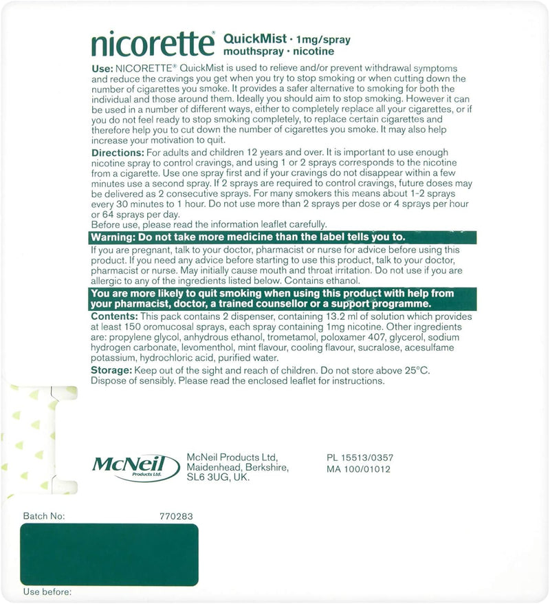 Nicorette Nicotine Quick Mist Mouth Spray Mild Spearmint, 1mg, 150 sprays-4