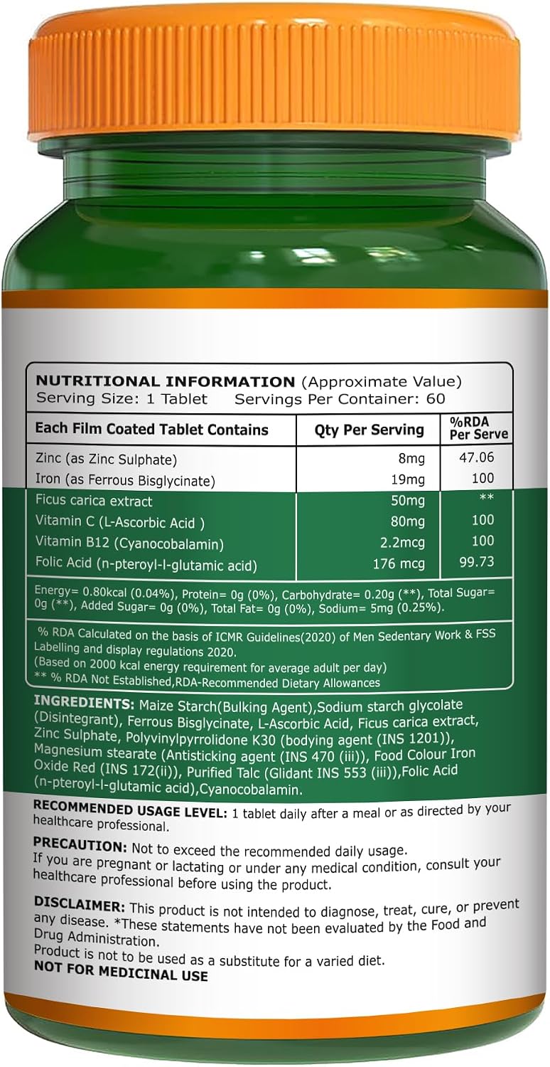 Pure Nutrition Iron Folic Acid Supplement - 60 Veg Tablets with Zinc, Vitamin C & Vitamin B12-8