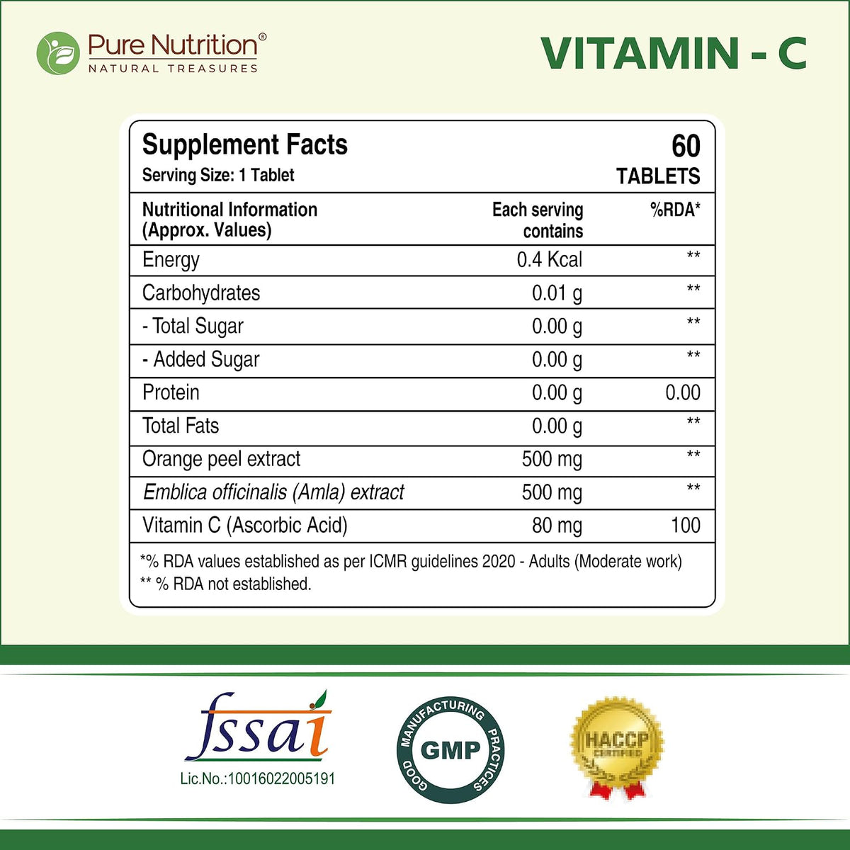 Pure Nutrition Vitamin C with Natural Amla and Orange Peel Extract. 1250mg / 60 Tabs