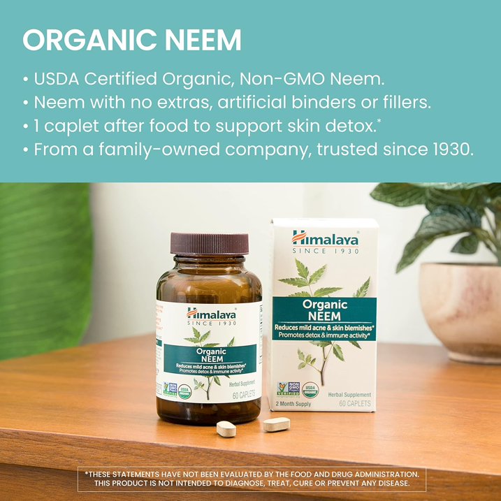 Himalaya Organic Neem Herbal Skin Supplement, Mild Acne Supplement, Clear Skin, Purifying, 60 Plant-Based Caplets-3