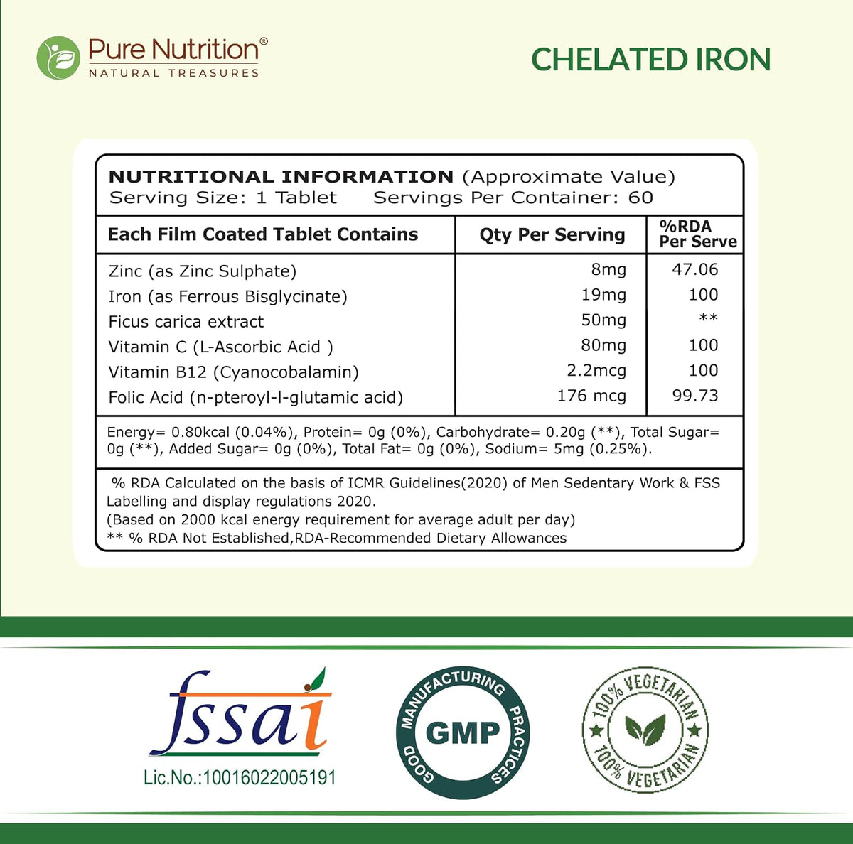 Pure Nutrition Iron Folic Acid Supplement - 60 Veg Tablets with Zinc, Vitamin C & Vitamin B12