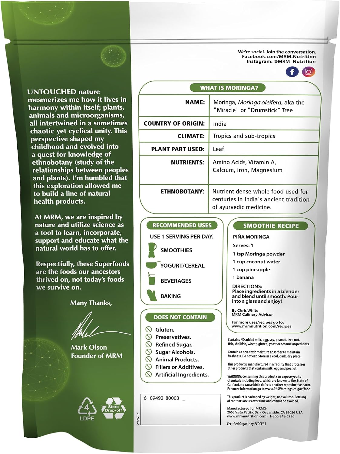 Moringa Powder| Superfoods | Digestive health | High fiber | Antioxidant | 60 servings