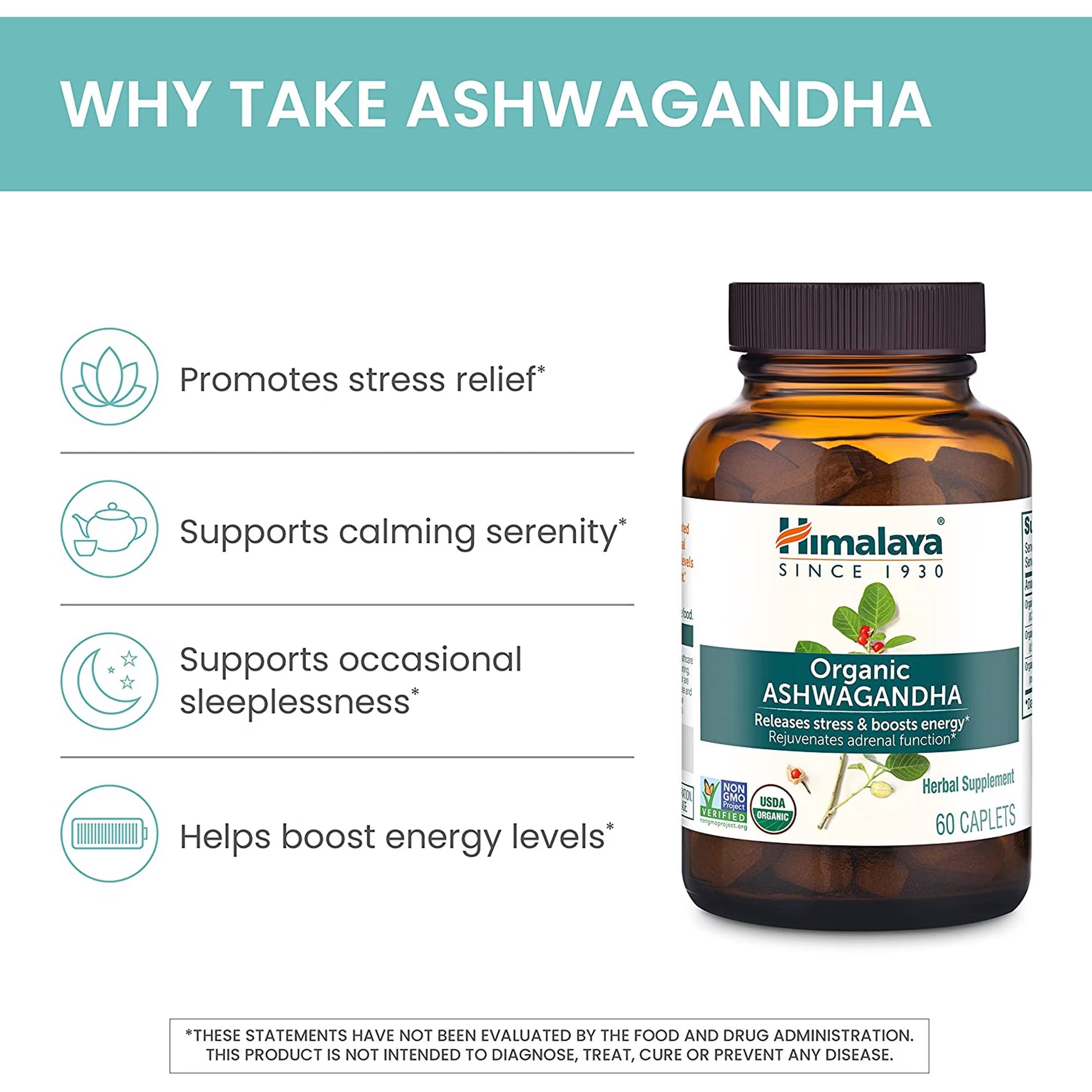 Himalaya Organic Ashwagandha Root for Stress, Energy and Adrenal Support, 670 mg, 60 Caplets-3