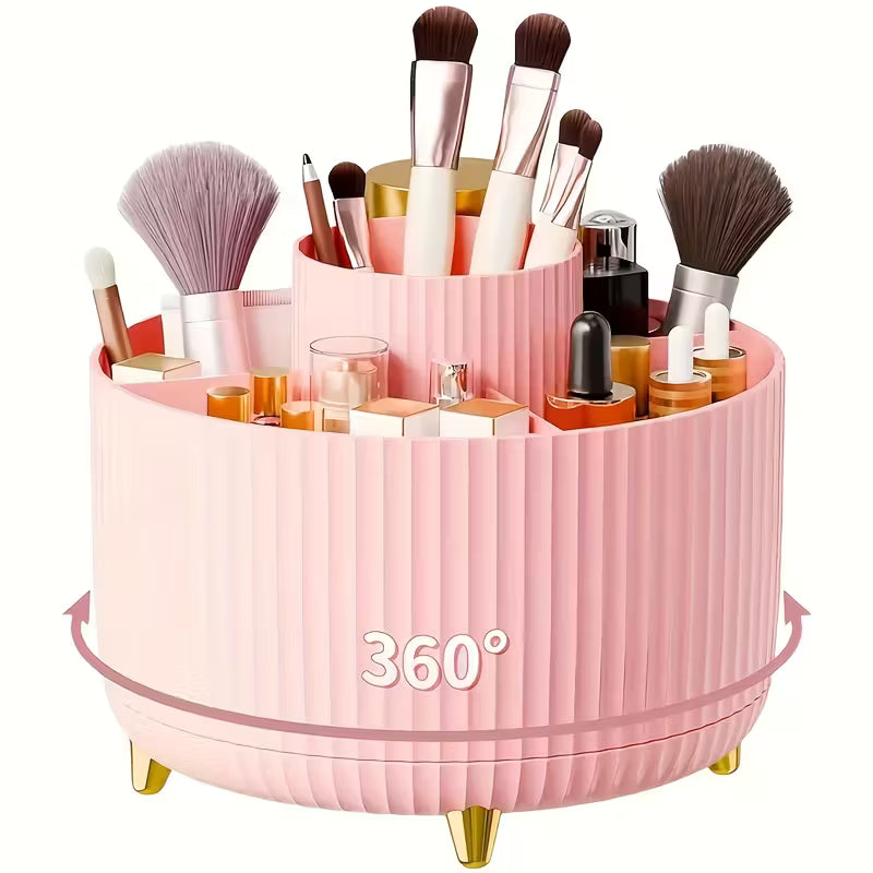 360° Rotating Makeup Organizer - 1pc Plastic Cosmetic Storage with 5 Compartments - Multi-Functional Holder for Brushes, Lipsticks, Skin Care Products-1