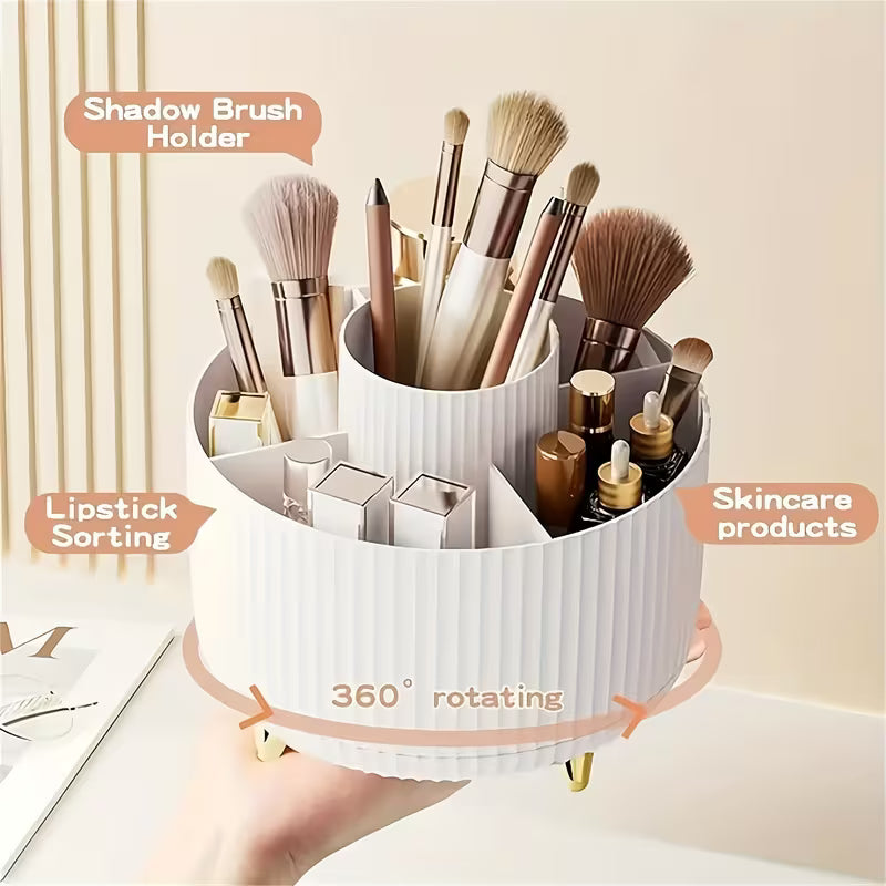 360° Rotating Makeup Organizer - 1pc Plastic Cosmetic Storage with 5 Compartments - Multi-Functional Holder for Brushes, Lipsticks, Skin Care Products-2