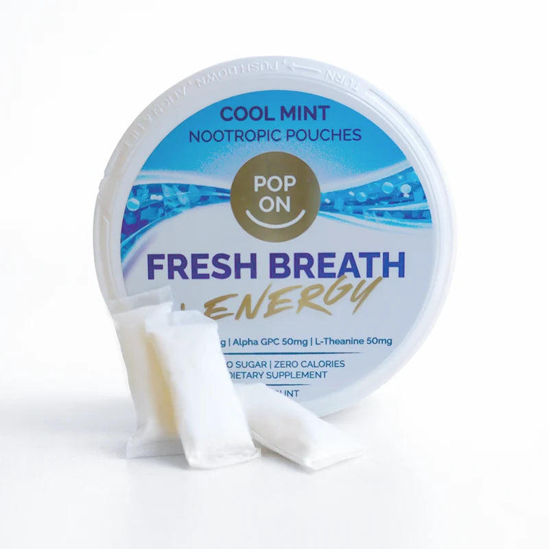 Pop On Fresh Breath + Energy Cool Mint Nootropic Pouches | Zero Nicotine | 15 Count