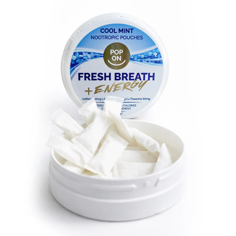 Pop On Fresh Breath + Energy Cool Mint Nootropic Pouches | Zero Nicotine | 15 Count-15
