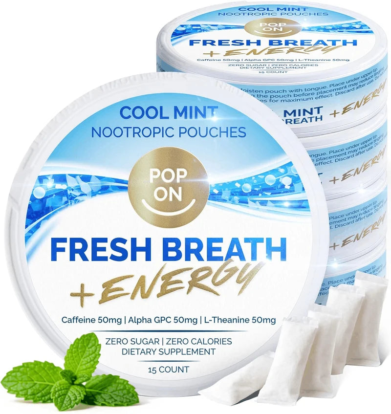 Pop On Fresh Breath + Energy Cool Mint Nootropic Pouches | Zero Nicotine | 15 Count-16