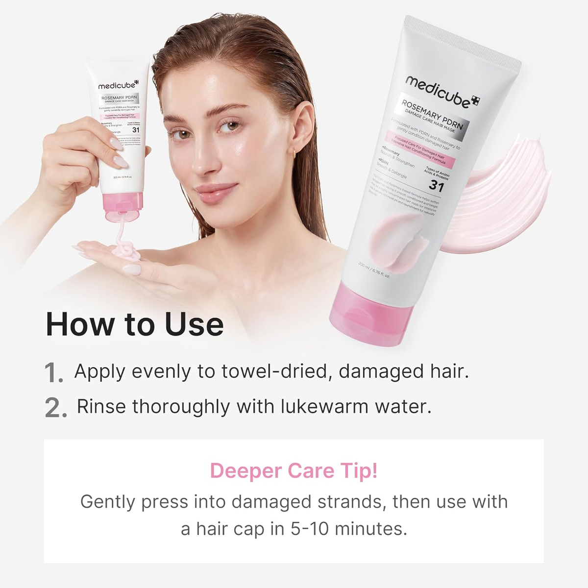 medicube Rosemary PDRN Deep Damage Care Hair Mask, 6.76 fl.oz | Intensive Bonding Care for Over-Damaged Hair - Liposome PDRN & 31 Proteins for Silky, Strong, Glossy Hair, Hair Care Product-7