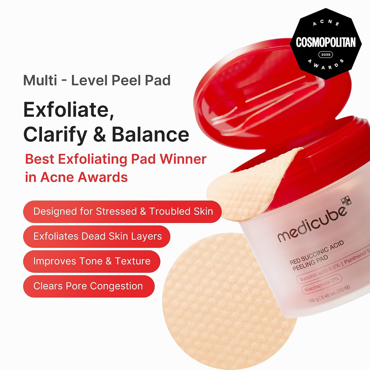 medicube Toner Pads Red Succinic Acid Panthenol Pad for Facial Peeling, 70 Pads-2